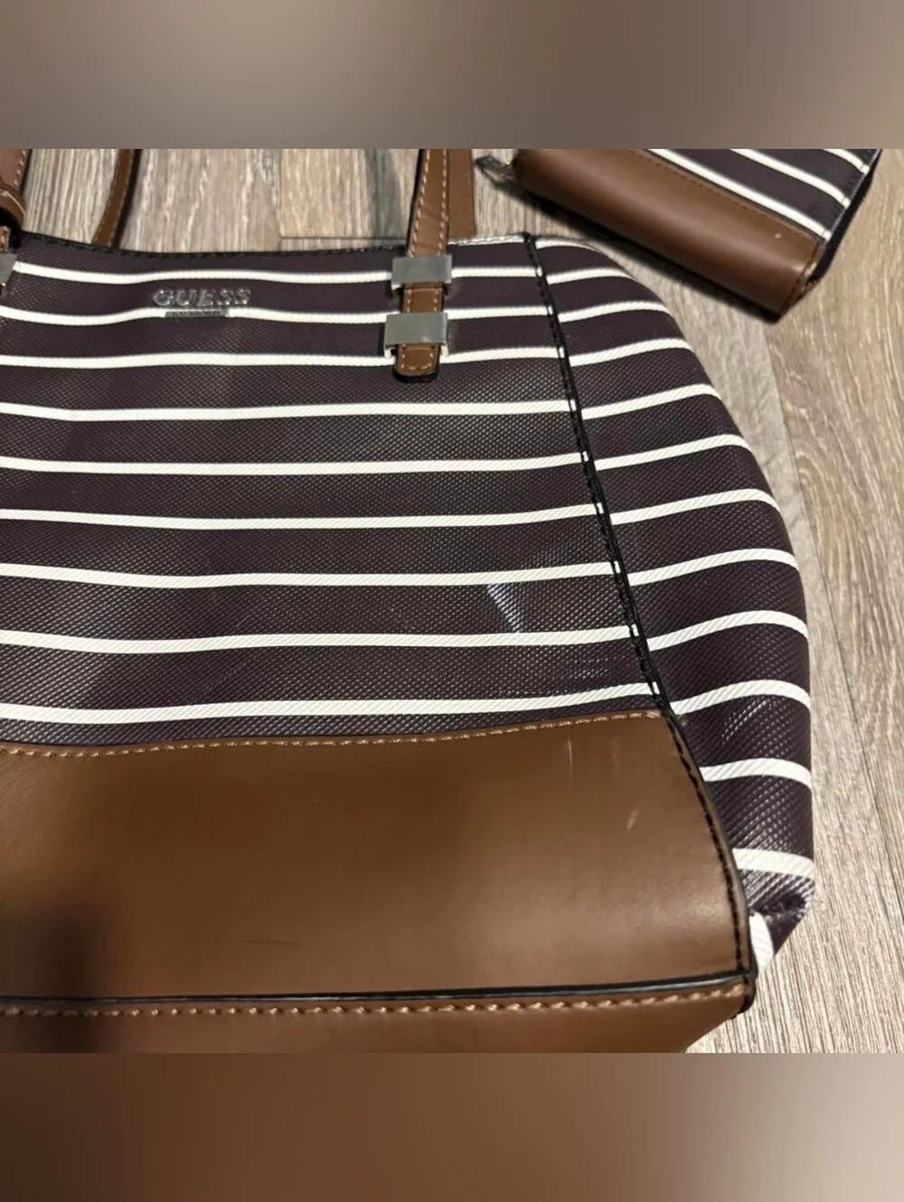 GUESS Brown & White Striped Leather-Trim Tote With Wallet